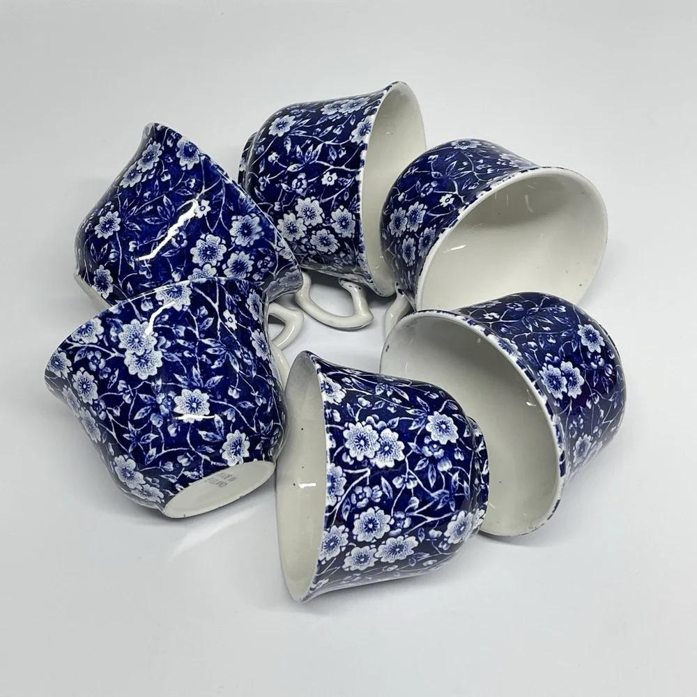 Vintage Crownford Staffordshire Blue Calico Lot Of 6 Teacups England‎ Ironstone